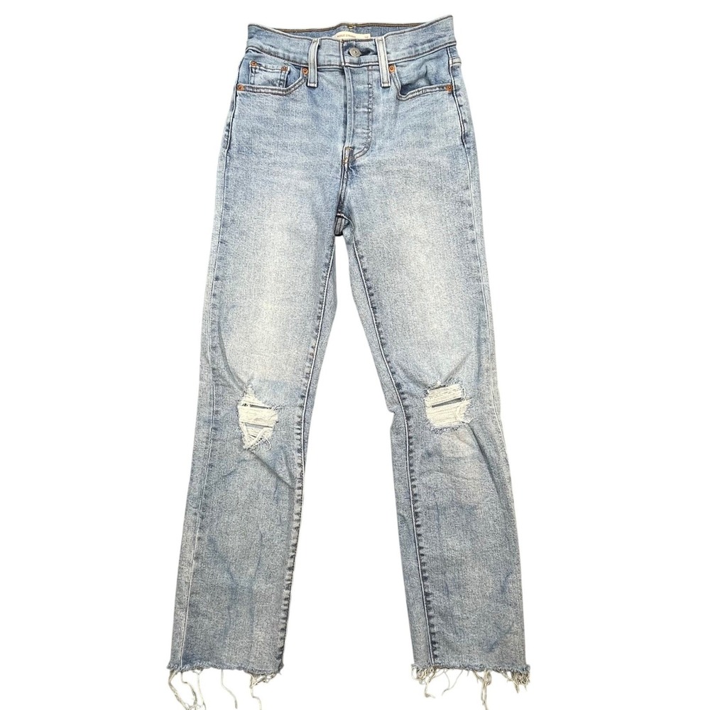 Levi Blue Wedgie Straight Distressed Button Fly Raw Hem Jeans Women 25